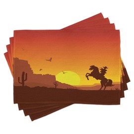 Lunarable Western Place Mats Set of 4, American Wild West Desert with Cowboy on Horse Sunset Cactus Arid Lands, Washable Fabric Placemats for Dining Room Kitchen Table Decor, Orange Yellow Brown