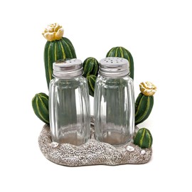 Cactus Salt and Pepper Shaker Set - Premium Resin Holder with Two Quality Bottles - Southwestern Kitchen Décor - Unique Cactus Design for Rustic and Western Style Dining Tables
