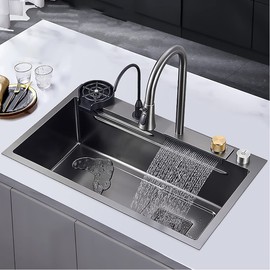 Black Nano Kitchen Sink 304 Stainless Steel Waterfall Sink Single Bowl Workstation Kitchen Sink With Multifunctional Top Loading Flying Rain pull-out faucet （Black，29.5x17.7x8.3 inch）