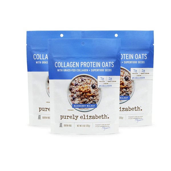 purely elizabeth Collagen Oats - Gluten-free oats, Paleo Certified Low-Carb Snack, Packed with Protein | Added with Nut Butter Pack | Blueberry Walnut, 3 Pack