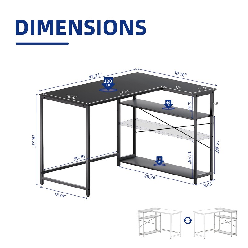 Pamray 43 Inch L Shaped Computer Desk with Reversible Side