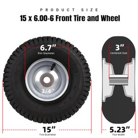AR-PRO Replacement 15 x 6.00-6 Front Tire and Wheel Assemblies for Riding Mowers Lawn Tractors - 3" Centered Hub and 3/4" Bushings, 4Ply Pneumatic (2-Pack)
