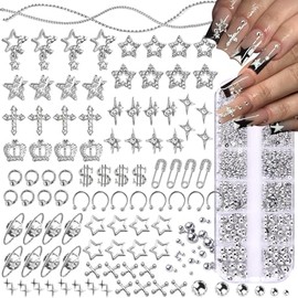 92 Adornos De Estrella Para Uñas 1 Caja De Perlas Para Manualidades Con Parte Trasera Plana Cruz De Planeta De Metal Y2K Para Decoración De Uñas Acrílicas Diamantes De Imitación Colg