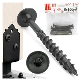 8 x 100 mm, Pack of 10 Post Anchor Screws Torx Black Galvanised Plate Head Wood Screws for Connectors Lun Fix - Self-Tapping & Rust-Protected