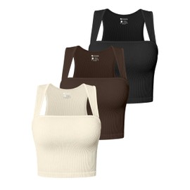 OQQ Women's 3 Piece Tank Tops Strappy Sleeveless Square Neck Stretch Tee Shirts Crop Camis Black Darkbrown Beige