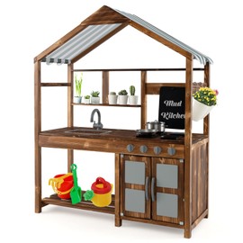 HONEY JOY HONEY JOY Mud Kitchen with Canopy, Fir Wood Play Kitchen for Toddlers, Garden Sink, Stoves, Chalkboard, Storage Cabinet, Flowerpot, Outside Kitchen Playset, Mud Kitchen for Kids Outdoor Backyard