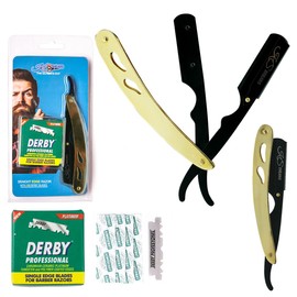 KS SHEARS Straight Razors For Men Kit - Mens Straight Razor Shaving Kit with 100-Pack Derby Platinum Blades, Barber Straight Razor with Safety Straight Razor Blades, Barber Razor For Men- Black & Gold