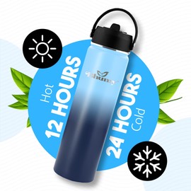 Bhumy Stainless Steel Water Bottles – 24oz Double Wall Stainless Steel Insulated Water Bottle – Water Bottle with Straw and 2 Caps – Leakproof Sports Water Bottle Water for Gym, Office, Travel