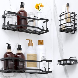Shower Caddy Bathroom Shelves, The Athena Silken Black 4 Set, 40LB Capacity, Adhesive Tape - No Drill-Rustproof -Gorgeous Powder Coated 304 Stainless Steel Shower Organizer for kitchen and Home Decor