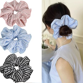 Jseng 3PCS Large Gingham Scrunchies for Hair, Sweet Hair Ties, Beige and Black