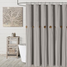 Awellife Farmhouse Beige Shower Curtain Button Linen Textured Woven Fabric,Pleated Beige Stripe,Country Style,60" W x 72" L