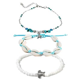 ARHZ Fußkettchen Für Damen 3 Stück Set,Doppeldeck Fussketten Für Frauen,Böhmen,Seestern Meeresschildkröte Perlen Fußkettchen，Strandaccessoires Für Damen Und Mädchen