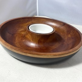Wooden 14″ Wooden Chip & Dip Bowl w/ Ceramic Center • Snack & Serving Platter