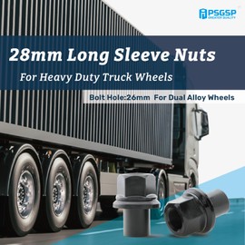 PSGSP Two-Piece 28mm Sleeve Flanged Wheel Nuts 10PCS, M22x1.5 Hex:33mm Black for Heavy Duty Truck Semi Truck Fit Dual Alcoa Aluminum Wheels with Hub Piloted Seat & 26mm Bolt Hole Size