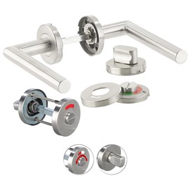 AGT Toilet Bathroom Lock Knob: Stainless Steel Door Fitting for Bathroom & Toilet, 2 Latches & Rosettes, Round (Toilet Lock, Door Fittings for Replacement, Door Lock)