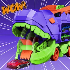 11 in 1 Dinosaur Toys for 3-7, Dinosaur Transport Truck with 8 Metal Cars, City Dinosaur Ultimate Hauler Track Toy, Transforms into Stomping Standing Dinosaur Toddler Toys Gifts for Kids Ages 3+