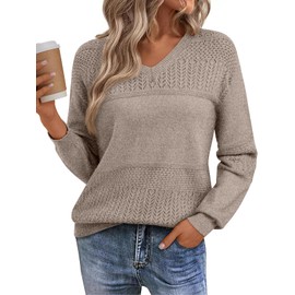 LILLUSORY Womens V Neck Sweaters Pullover 2025 Fall Fashion Casual Long Sleeve Knit Crochet Business Casual Tops Cute Trendy Winter Clothes Outfits Clothing Heather Tan
