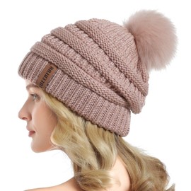 Queenfur Knit Slouchy Beanie for Women Thick Baggy Hat Faux Fur Pompom Winter Hat