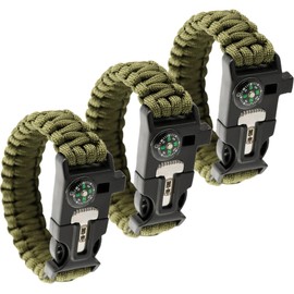 M-Tac Survival Paracord Bracelet - Cord 12 ft (144 Inch) - Tactical Emergency Cord Rope with Compass Whistle (Olive, Large Set of 3)