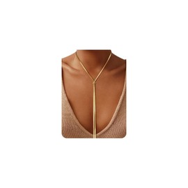 GoldGifts Chunky Long Y Necklace for Women, 14K Gold Plated Waterproof Herringbone Drop Dangle Necklace, Statement Trendy Fashion Slip Tie Necklace, Adjustable Lightweight Layered Choker Chest Chain for Body Styling
