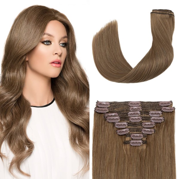 20" Light Brown Trendy Remy Clip In On Human Hair Extension 8 Pcs 18 Clips Full Head Double Weft Brazilian Hair Extension Straight Highlighted Thick Hair For Women Fashion (20",#6)