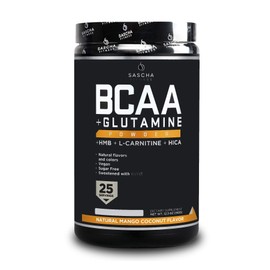 Sascha Fitness BCAA 4:1:1+Glutamine, HMB, L-Carnitine, HICA|Powerful and Instant Powder Blend with Branched Chain Amino Acids(BCAAs)for Pre, Intra and Post-Workout,Natural Mango Coconut Flavor,362.5g