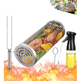 Rolling Grilling Baskets for Outdoor Grill Bbq Stainless Steel Round Mesh Barbecue Cylinder Cage Cooking Net Tube Accessories for Camping, Gift for Men Dad Him Father Papa Husband