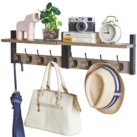 YMYNY Coat Rack Shelf Wall Mounted, Coat Hooks Set of 2, Entryway Coat Hanger with 8 Hooks, 31.5" Wall Floating Shelf with Hat Rack, for Kitchen, Bedroom, Bathroom, Silver Gray UHWS001Y-2