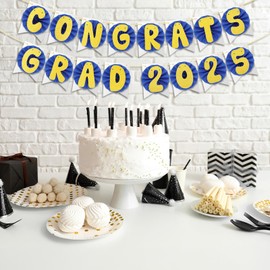 TaoBary GRAD 2025 Banner, Assembly Required Glitter Banner, Paper Fan, Swallowtail Flag for 2025 Graduation, Congratulations Happy Graduation Party Supplies(Blue Gold)