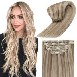 Sunny Clip in Hair Extensions Blonde Highlihgts Bleach Blonde Hair Clip in Extensions Remy Hair Extensions Clip in Human Hair Ash Blonde Double Weft Silky Soft 14inch 7pcs 120g