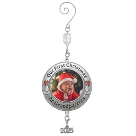 Grandparents Christmas Photo Ornament - Dated 2025 - We Will Customize with Your Photo - Red Bow and Lamb Accents - Gift-Storage Bag Included - Holds a 2" Picture