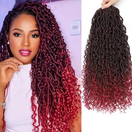 EFFGOCO 18 Inch 7 Packs Goddess Locs Crochet Hair Ombre Burgundy Faux Locs Crochet Hair for Women Pre Looped River Locs Crochet Hair with Curly Ends Synthetic (18Inch, T-BUG)