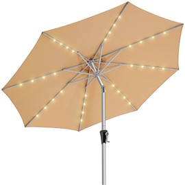 HOMSHADE 9ft Aluminum Patio Umbrella with Solar Lights - Outdoor Table Market Umbrella with 5-Year Fade Resistance, UPF50+, Push Button Tilt and Crank for Pool, Deck, Garden (Beige)