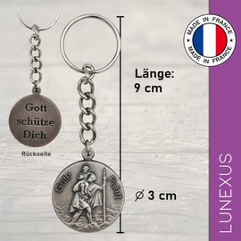 Lunexus Christopher Keyring 9 cm - St Christopher Medal Diameter 3 cm - Engraving "Gute Fahrt" & "Gott schütze Dich" - Blessed with Certificate - Patron Saint Drivers - Lucky Charm