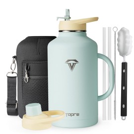 Topre Half Gallon Water Bottle with Handle and Carry Pouch,64 oz Stainless Steel Insulated Jug Flask with Straw Lid Spout Lid,Reusable Metal Water Bottle Mug Tumbler Cup,Keep Cold & Hot,Green