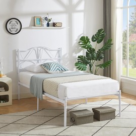 VECELO 2 Set Twin Size Bed Frame, Metal Bed Platform with Headboard, Sturdy Steel Slats Support, No Box Spring Needed/Noise-Free,Easy Assembly