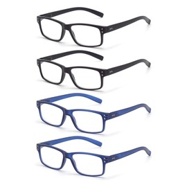 FoxMook 4 Pack Reading Glasses, Spring Hinges Clear Lens Blue Light Blocking Computer Eyeglasses Reduce Eyestrain, Matte 2 Pairs Black 2 Pairs Blue 0.0