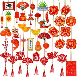Winlyn 166 Pcs Chinese New Year Decorations Chinese Hanging Good Luck Ornaments Red Lanterns Festive Tree Ornaments Paper Fans for Asian Chinese Lunar New Year 2025 Year of The Snake Party Decor