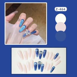 Long Press on Nails Coffin Blue Fake Nails Butterfly Charm Designs Summer Stick on Nails Cute False Nails Stick on Nails for Women Girls Nail Decoration