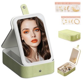 LiveGo 3-Color LED Travel Jewelry Case and Makeup Bag with Mirror, Dust-Proof Jewelry Box, 10 Sealed Jewelry Bags - Compact Cosmetic Mirror Case for Women Girls Travel Essentials (Green, L)