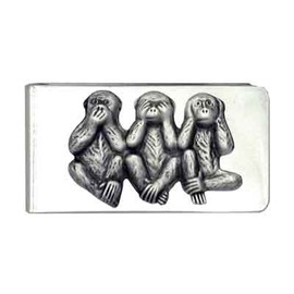 'Three Wise Monkeys' Pewter Charm Silver Tone Money Clip