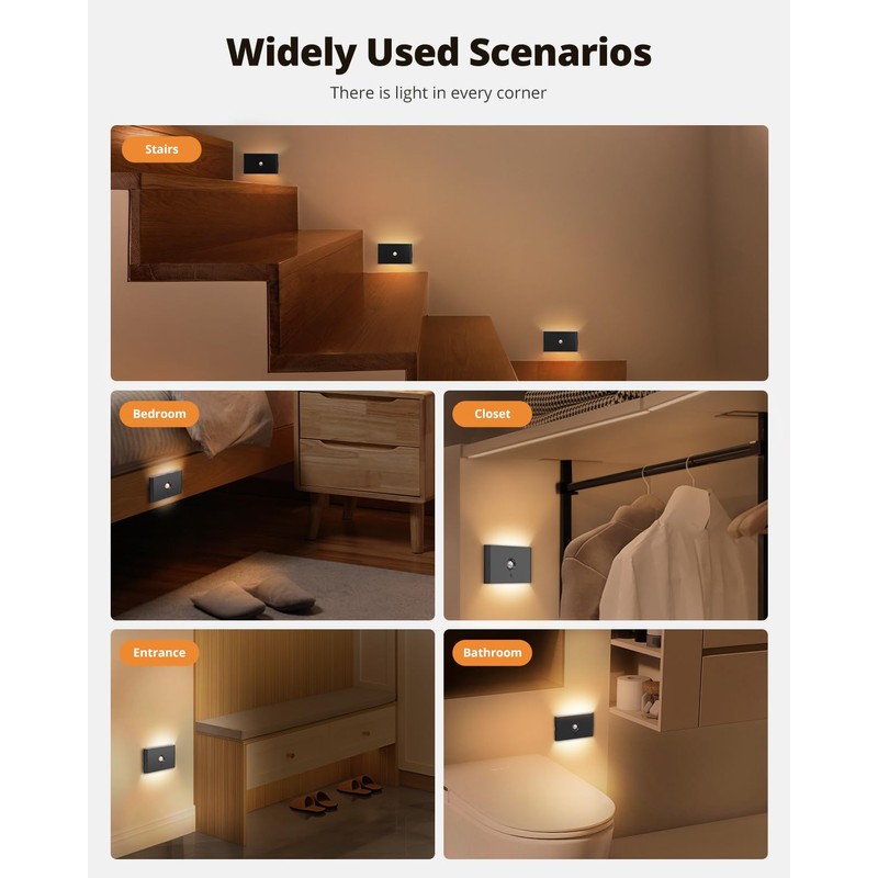 wowatt 6 Packs Rechargeable Motion Sensor Stair Light Black (Magnetic