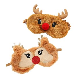 2PCS Plush Christmas Reindeer Eye Mask for Sleeping, Cute Fluffy Cartoon Animal Blindfold Eyeshade Travel Eye Cover for Women Men
