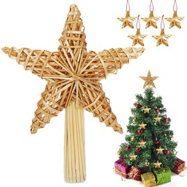 Christmas Tree Star Topper, 20 x 30.5 cm, Straw Star Christmas Tree Topper with 5 Straw Stars, Diameter 5 cm, Natural Straw Tree Topper, Christmas Tree Topper Star Made of Straw for Decorating the