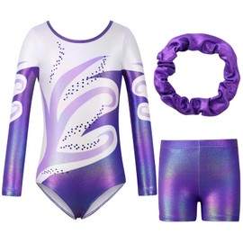 Hovershoes Three-Piece Gymnastics Leotards Set for Girls Sparkle Colorful Dancing Athletic Leotard with Glitter Tumbling Dance Shorts and Headband for Kids Teens 5 6 7 8 9 10 11 12 13 14T
