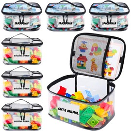 OBEST 8 Packs PVC Toy Storage Bag, Children's Building Block Set Organizing Bag, 9.5" x 6.7" x 5.2" Clear Double Zipper Organizing Bags with Handle， Interlayer and Label Pocket