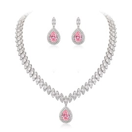 Ever Faith Prom Jewelry Cubic Zirconia Marquise-Shaped Leaf Teardrop Wedding Necklace Earrings Set for Women Pink Silver-Tone