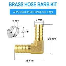ERGAOBOY 5 Pcs 8 mm Brass 90 Degree Elbow Hose Nozzle, 2 Way L Shaped Elbow Hose Connection with 10 Clamps