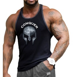 Men's Workout Tank Top for Bodybuilding Weight Lifting Gym Fitness Training with Conquer Design Black