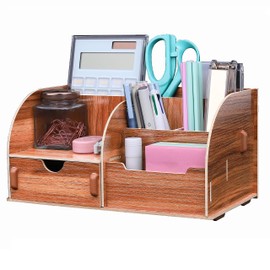 EXERZ Wooden Desk Organiser/Desk Tidy Caddy/Pen Holder - Remote Holder with 7 Compartments - Assembly by Youself Easily (Wooden)